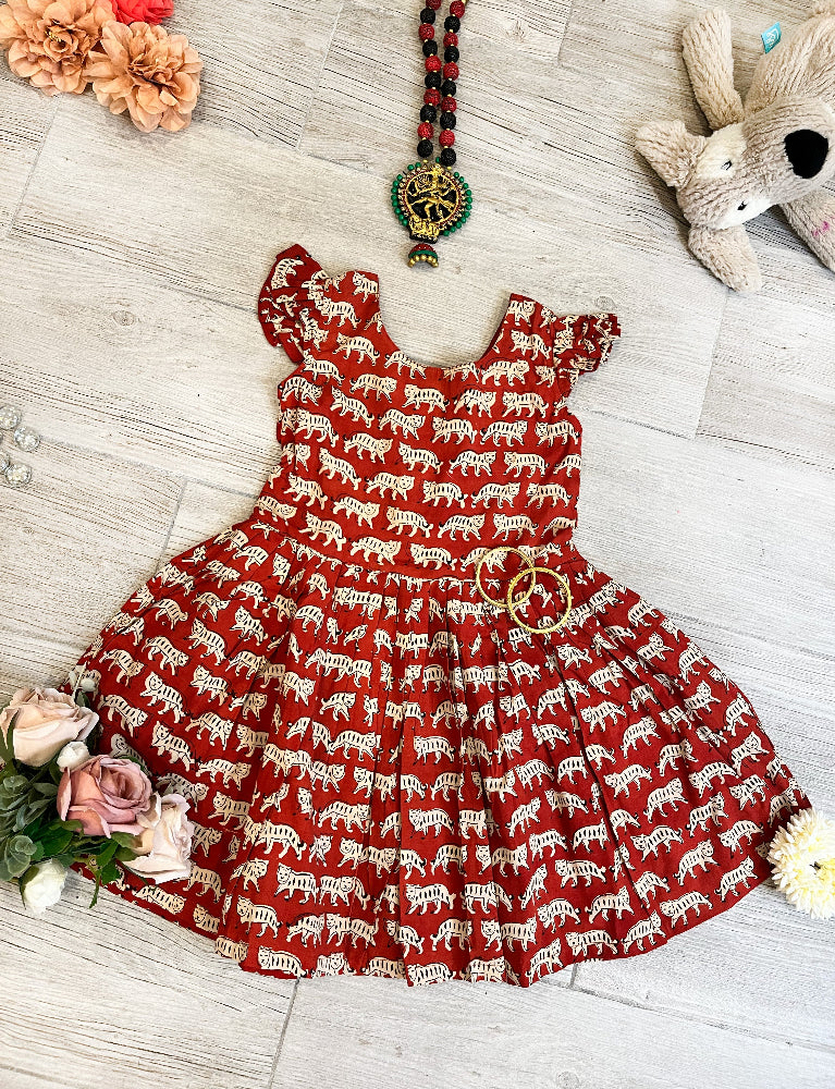 Cotton hand block printed cat dress for girls