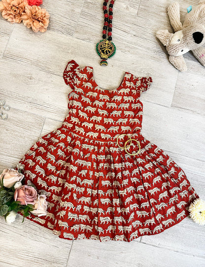 Cotton hand block printed cat dress for girls