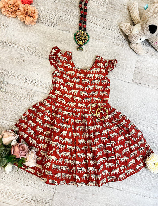 Cotton hand block printed cat dress for girls