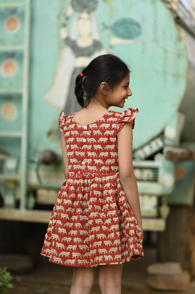 Cotton hand block printed cat dress for girls