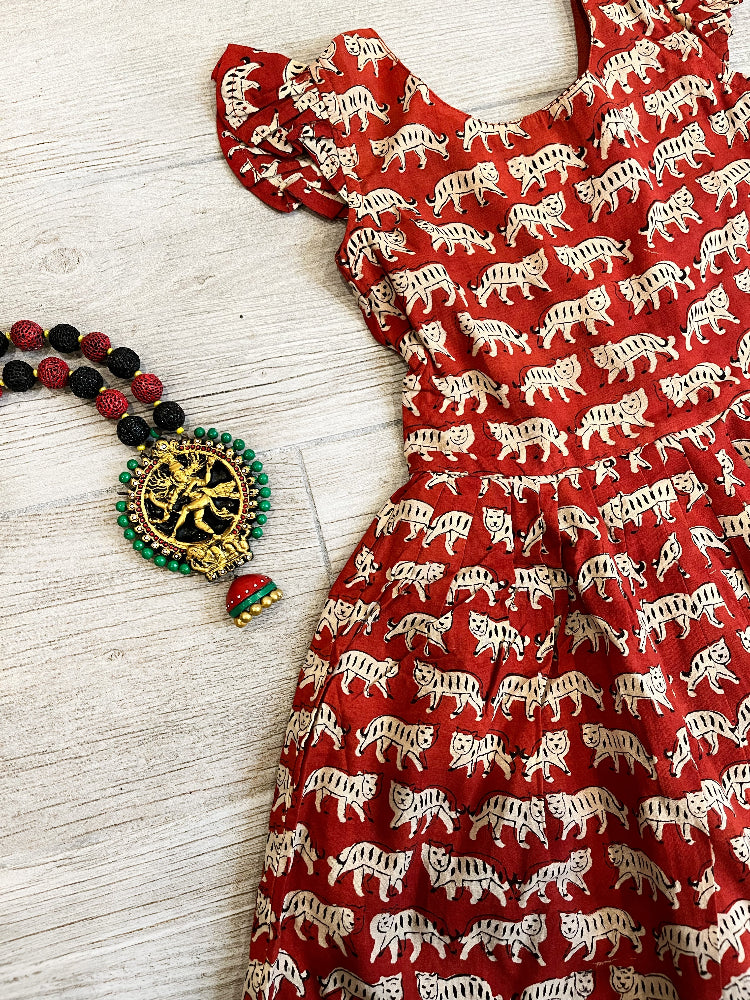 Cotton hand block printed cat dress for girls