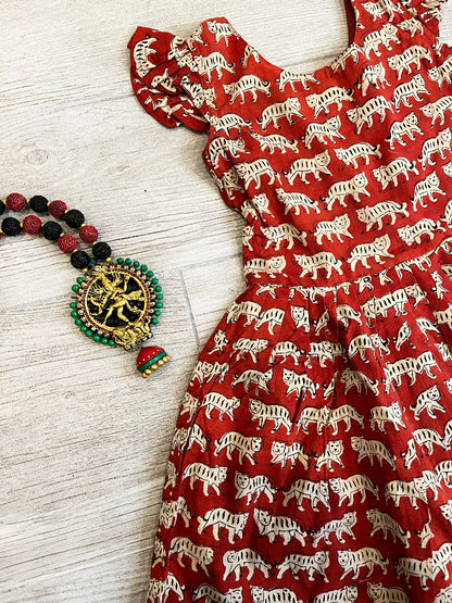 Cotton hand block printed cat dress for girls