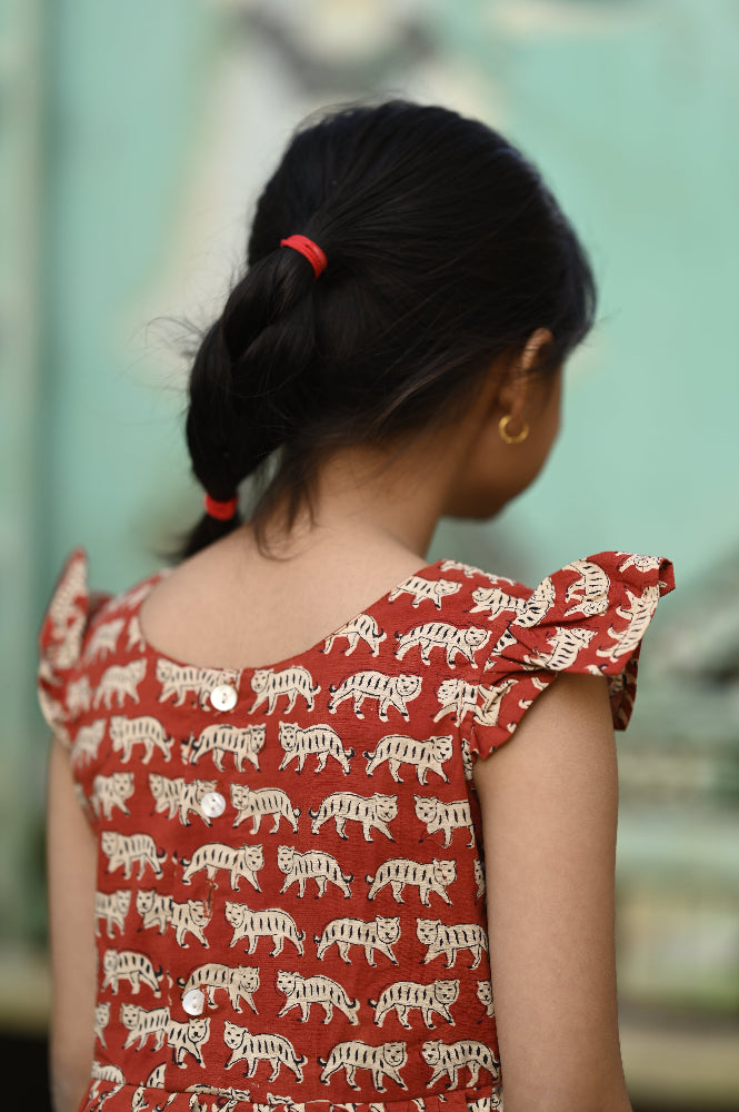 Cotton hand block printed cat dress for girls