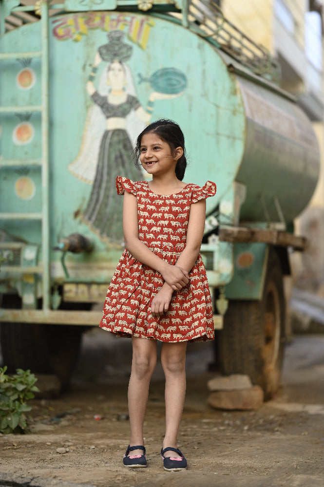Cotton hand block printed cat dress for girls