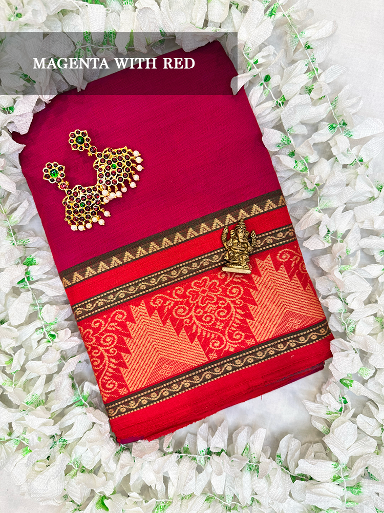 Magenta saree with decorative border for bharatanatyam, kuchipudi and Odissi practice.