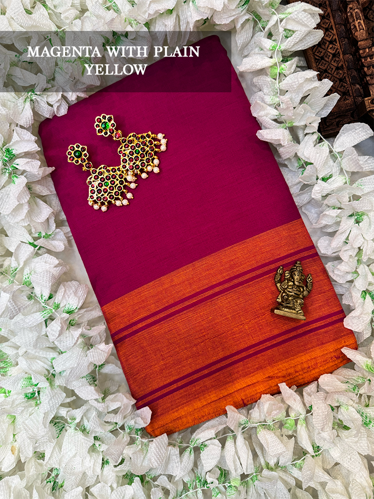 Magenta cotton dance practice saree with  orange plain border for Bharatanatyam, Kuchipudi and Odissi dance practice.