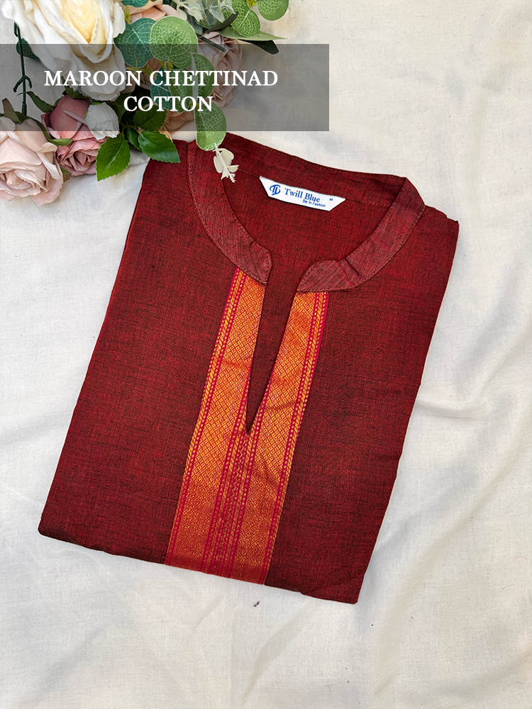 Maroon chettinad cotton kurti with orange accents on a light background