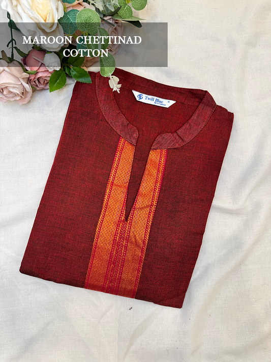 Maroon chettinad cotton kurti with orange accents on a light background
