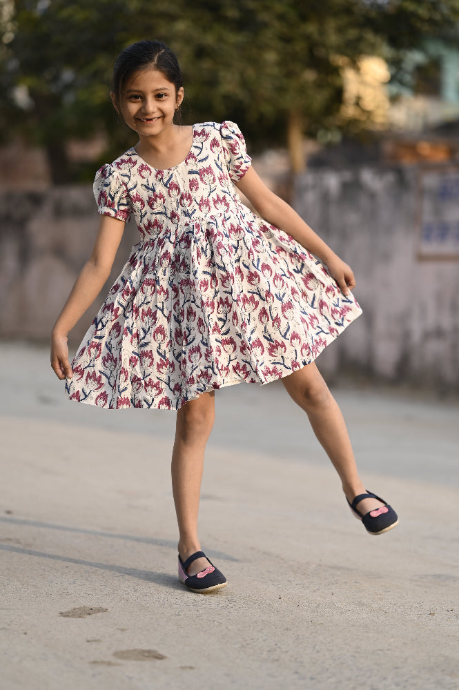 floral hand block printed kids dress