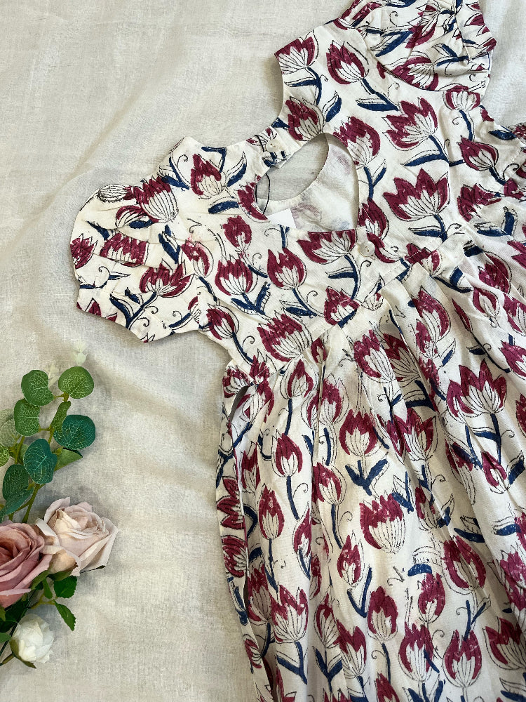 floral hand block printed kids dress