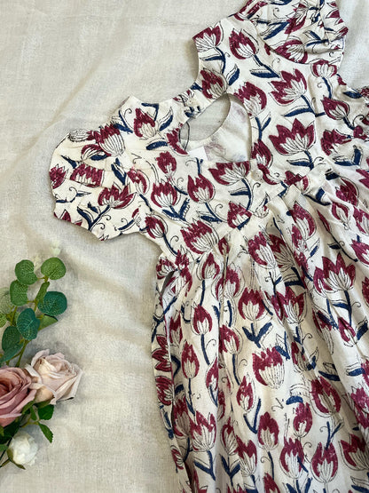 floral hand block printed kids dress