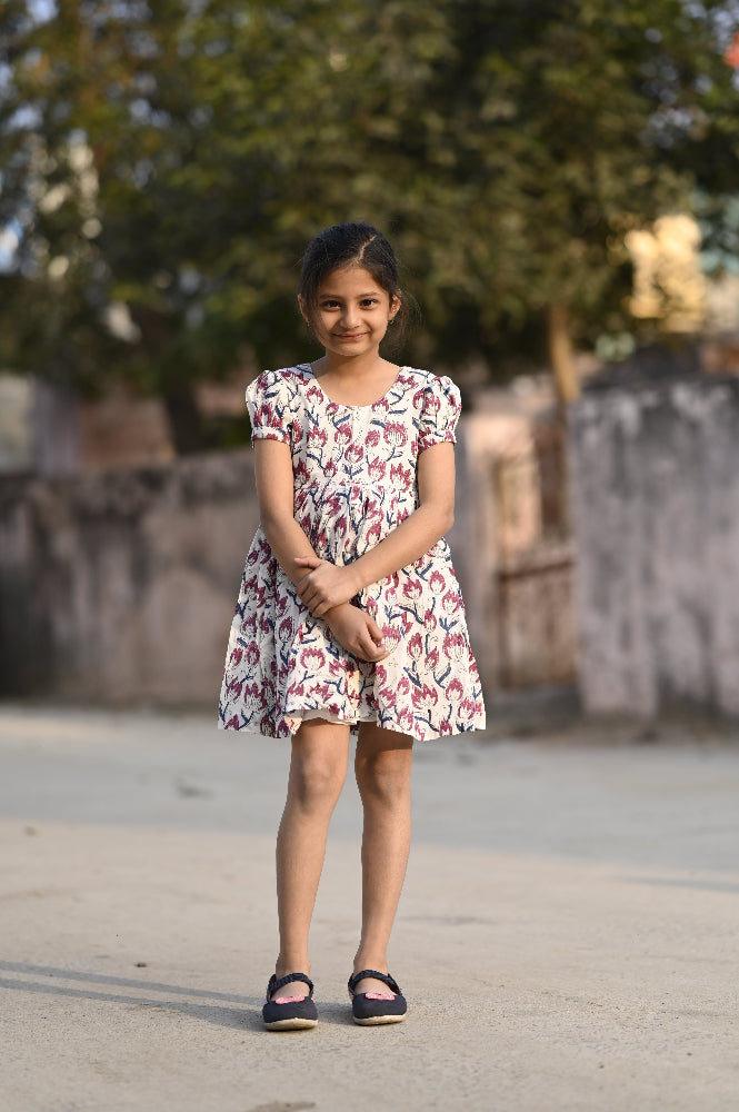 floral hand block printed kids dress