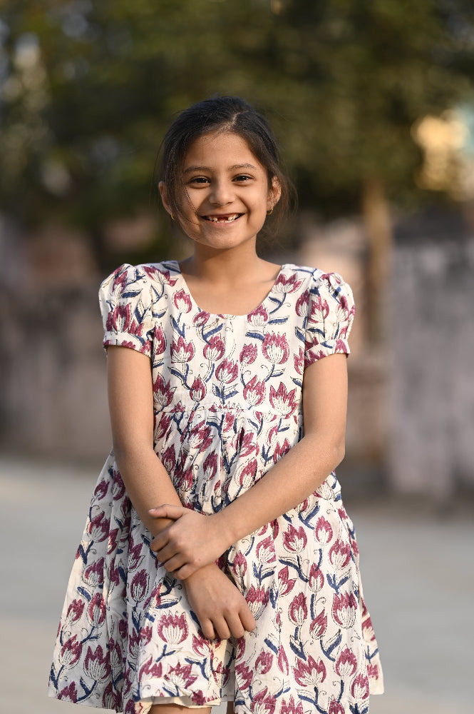 floral hand block printed kids dress