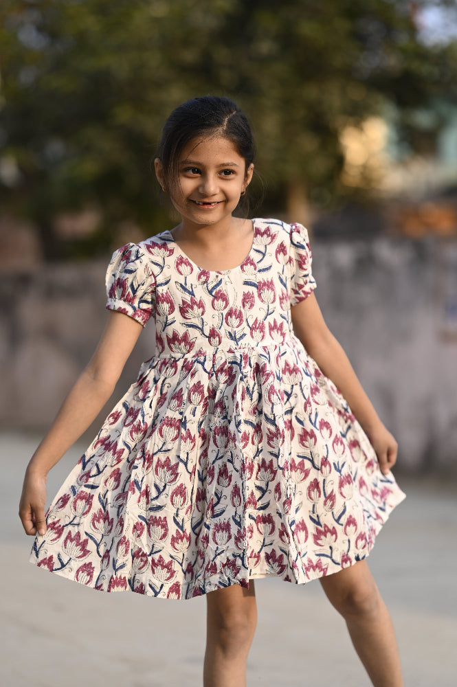floral hand block printed kids dress