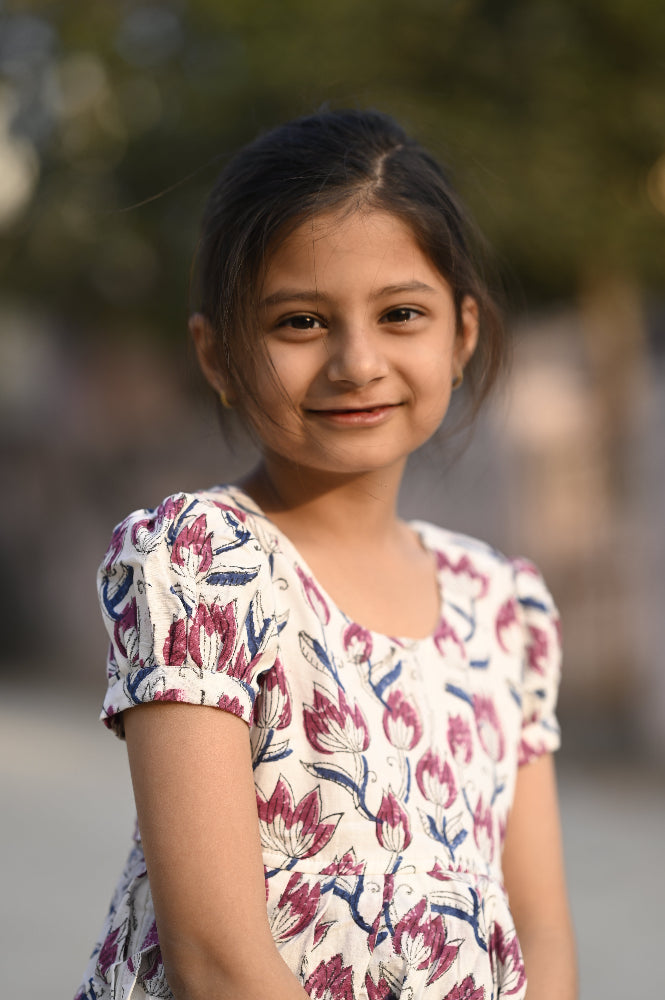 floral hand block printed kids dress