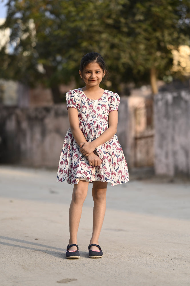 floral hand block printed kids dress