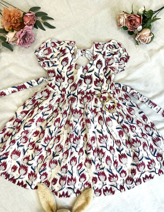 floral hand block printed kids dress