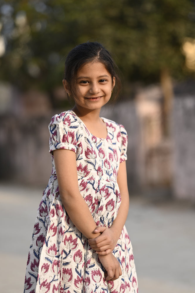 floral hand block printed kids dress
