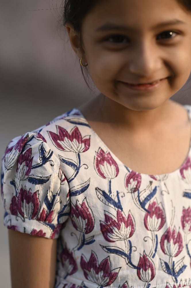 floral hand block printed kids dress