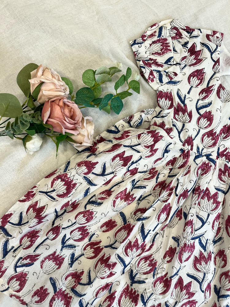 floral hand block printed kids dress