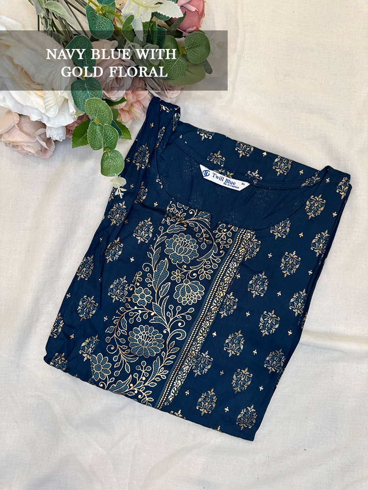 Navy blue kurti with gold floral patterns on a white background