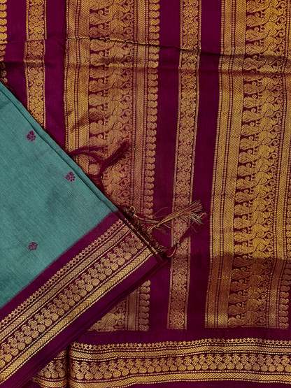 Peacock blue kalyani silk cotton saree with purple and gold border 