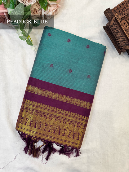 Peacock blue kalyani silk cotton saree with purple and gold border 
