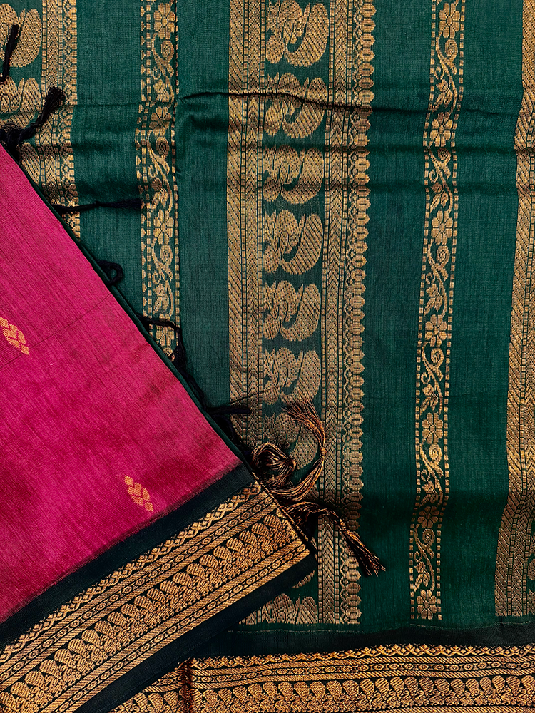 Pink Kalyani silk cotton saree with green and gold border