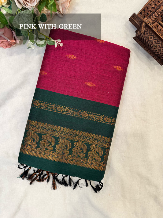 Pink Kalyani silk cotton saree with green and gold border