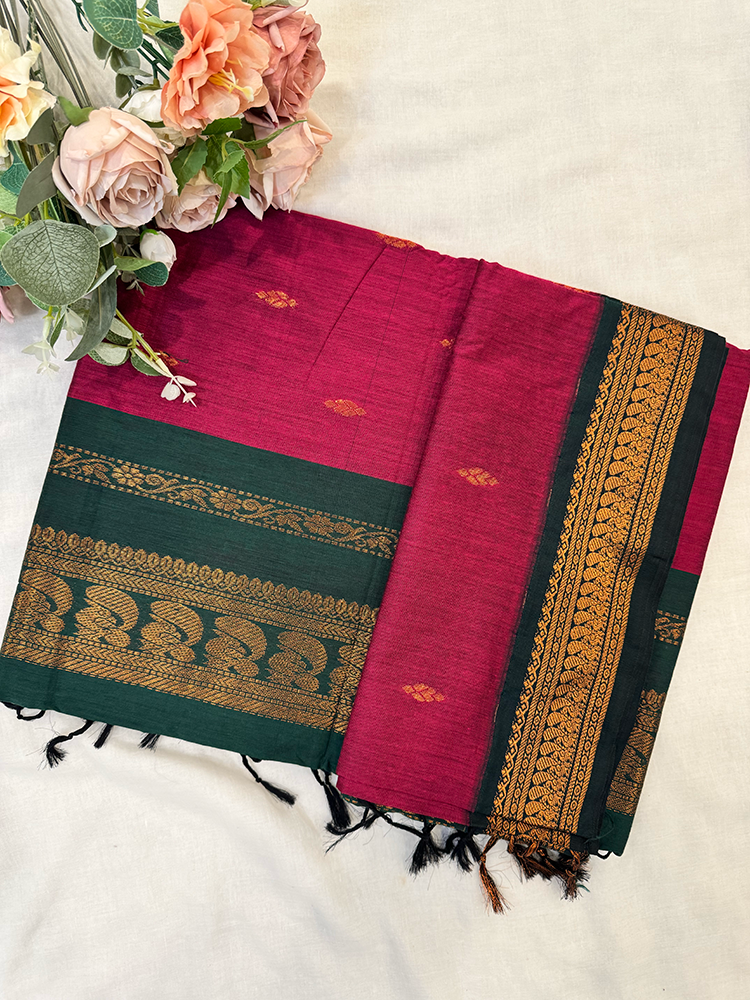 Pink Kalyani silk cotton saree with green and gold border