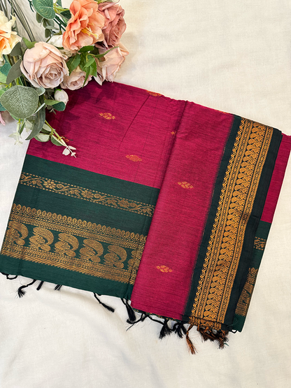 Pink Kalyani silk cotton saree with green and gold border