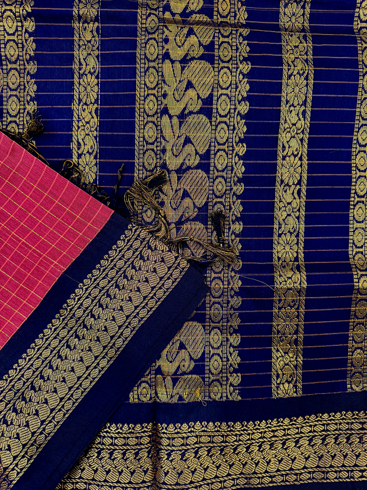 Pink kalyani silk cotton saree with navy blue and gold peacock border