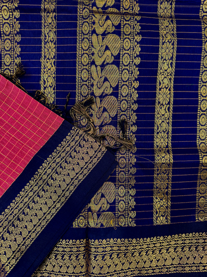 Pink kalyani silk cotton saree with navy blue and gold peacock border