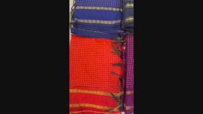 Checked Kalyani Silk Cotton Bharatanatyam Dance Practice Saree in varies colors-Checkered with Double Pett (gap) Gold Zari Border