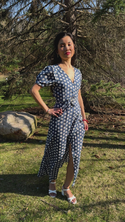 Women's Blue Polka Dot Cotton Maxi Wrap Dress with Side Slit