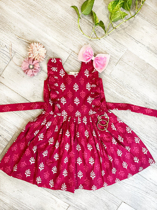Cotton pink tie back dress for girls