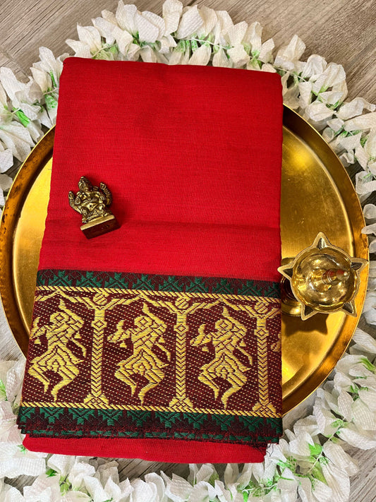 Ruby with Green Cotton Dance Practice Saree and Gold Nataraja Border - Made specifically for Indian classical dancers - Natyamama