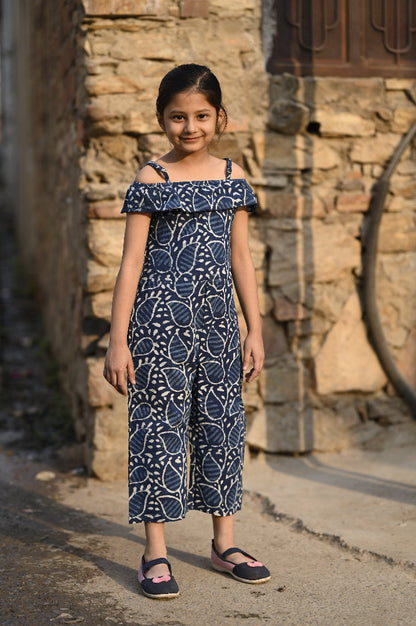 Indigo hand block printed girls romper