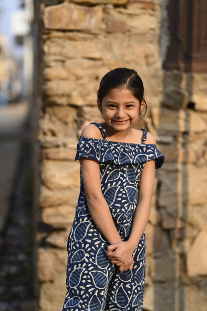 Indigo hand block printed girls romper