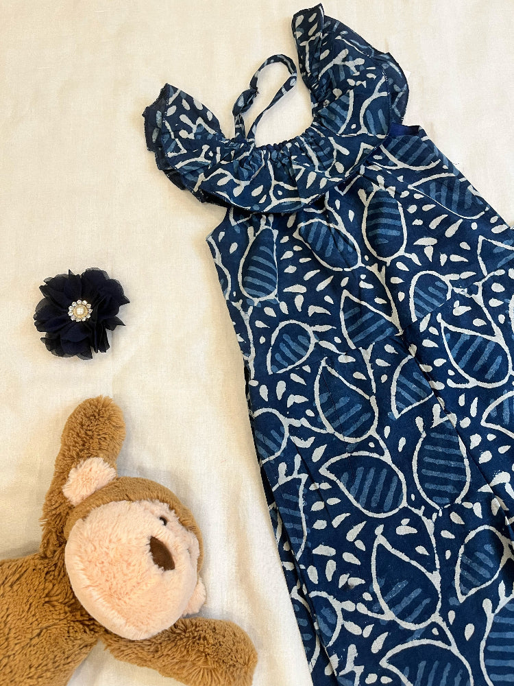 Indigo hand block printed girls romper
