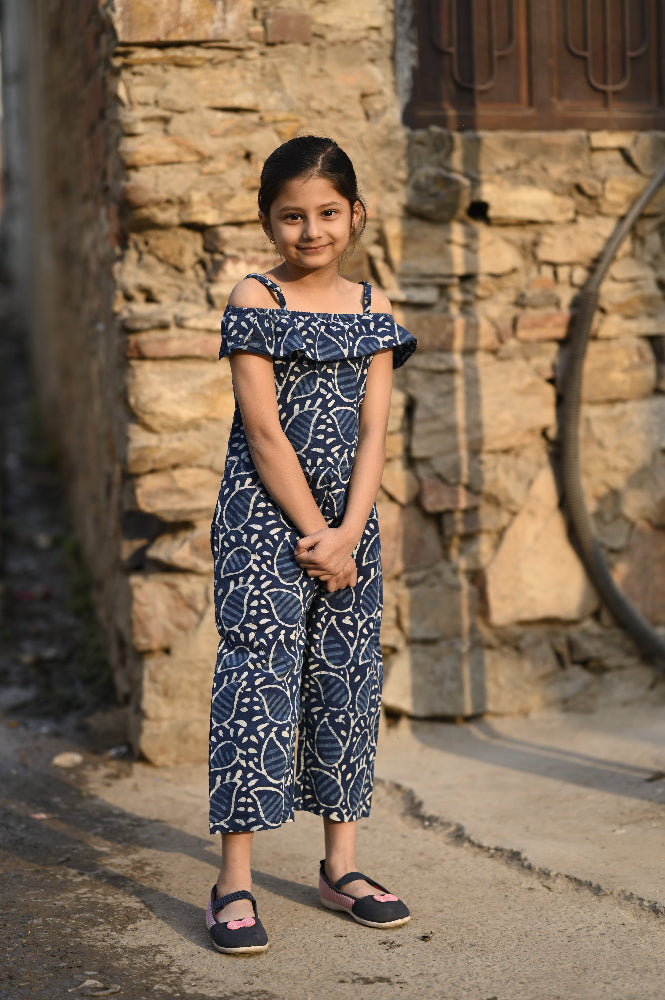 Indigo hand block printed girls romper