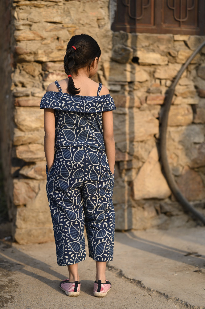 Indigo hand block printed girls romper