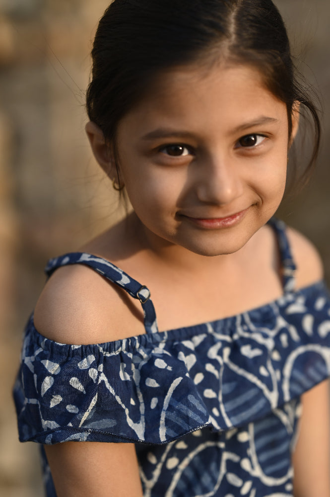 Indigo hand block printed girls romper