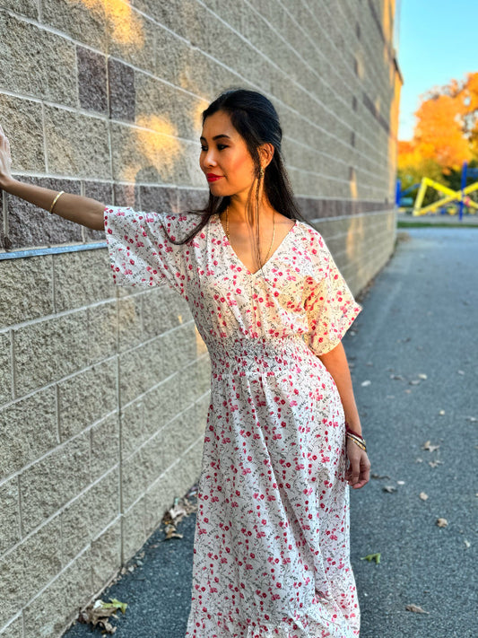 Scattered petals-Soft Cotton White Floral Maxi Dress for women - Women