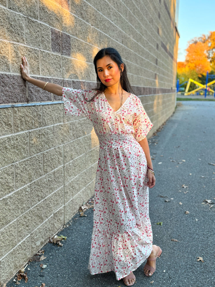Scattered petals-Soft Cotton White Floral Maxi Dress for women - Women