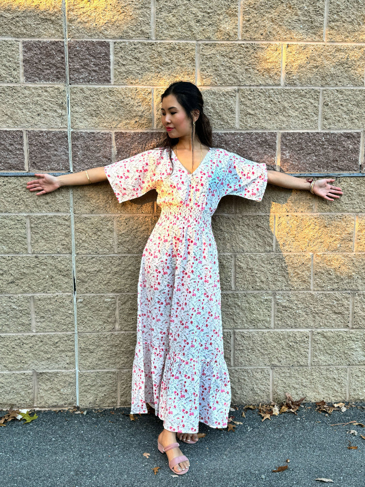 Scattered petals-Soft Cotton White Floral Maxi Dress for women - Women