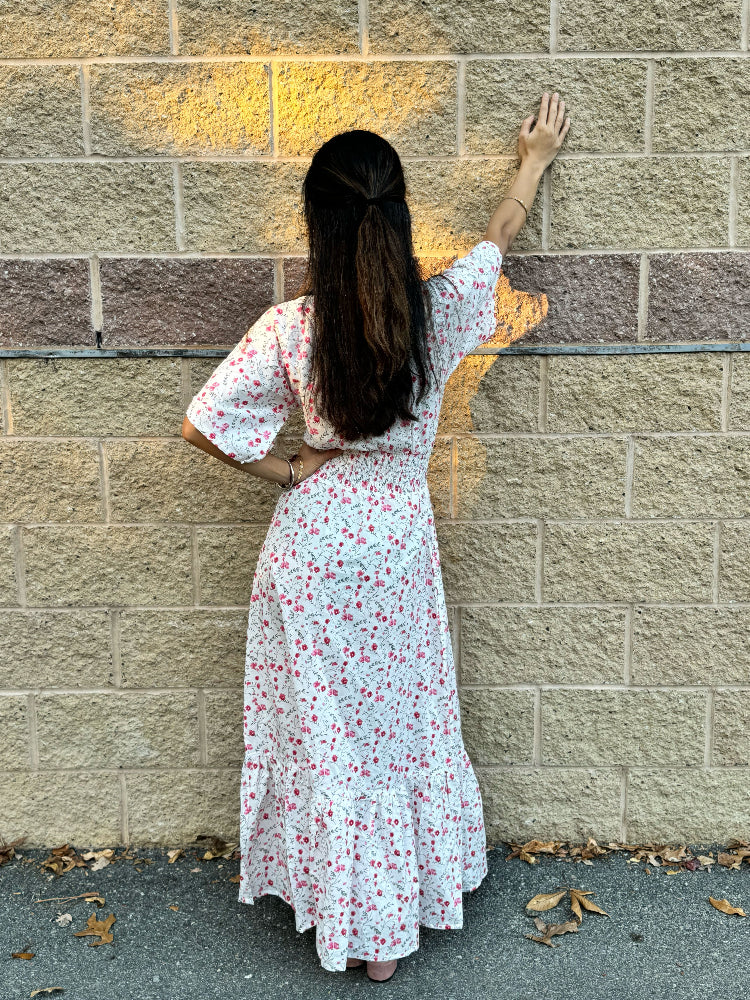 Scattered petals-Soft Cotton White Floral Maxi Dress for women - Women
