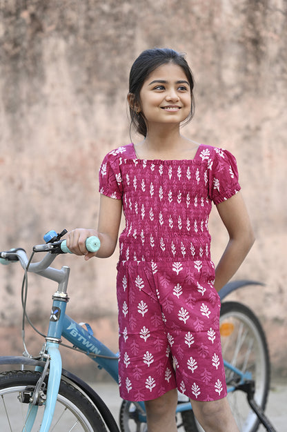 Roja Romper- Pink Floral Digitally Printed Smocked top Knee Length Romper for Girls