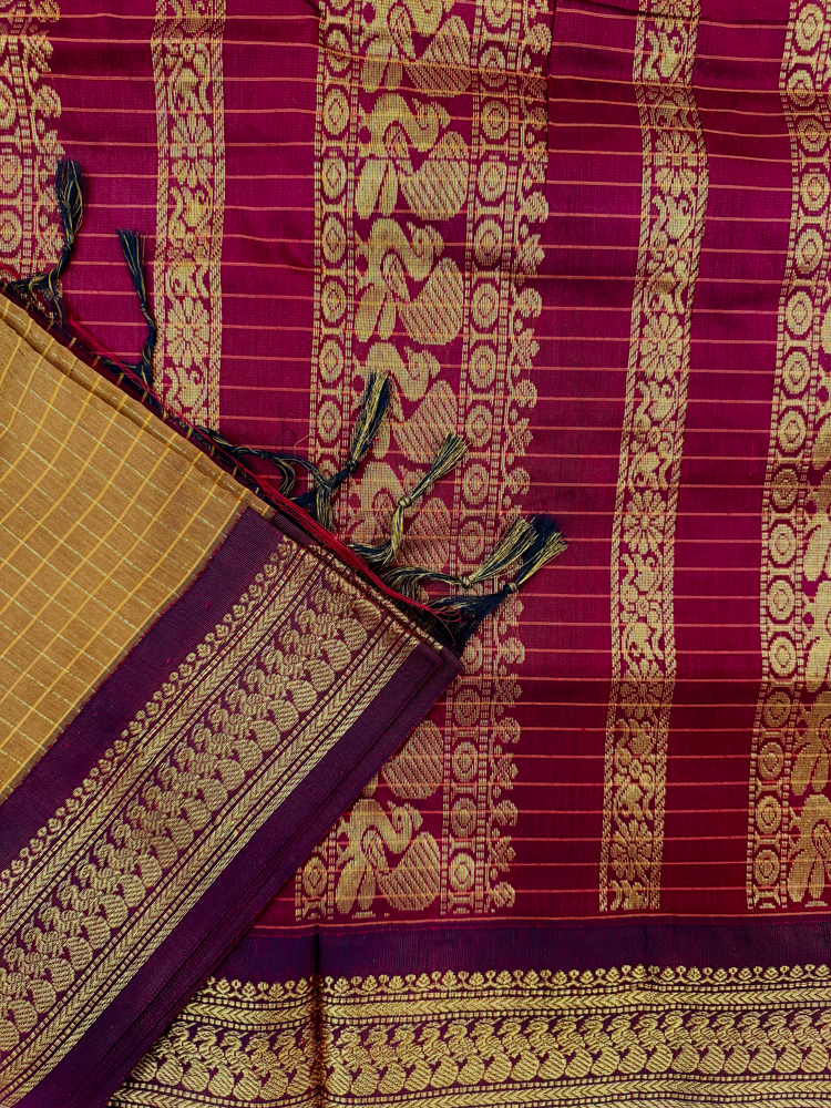 Mustard yellow checked kalyani silk cotton saree with maroon and gold border