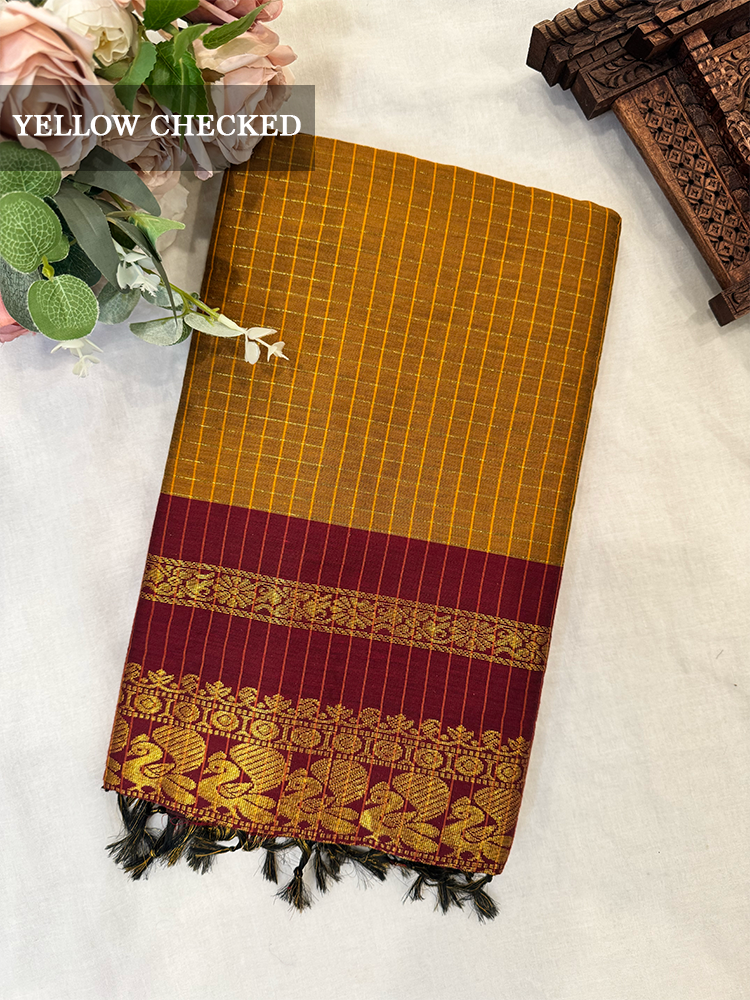 Mustard yellow checked kalyani silk cotton saree with maroon and gold border